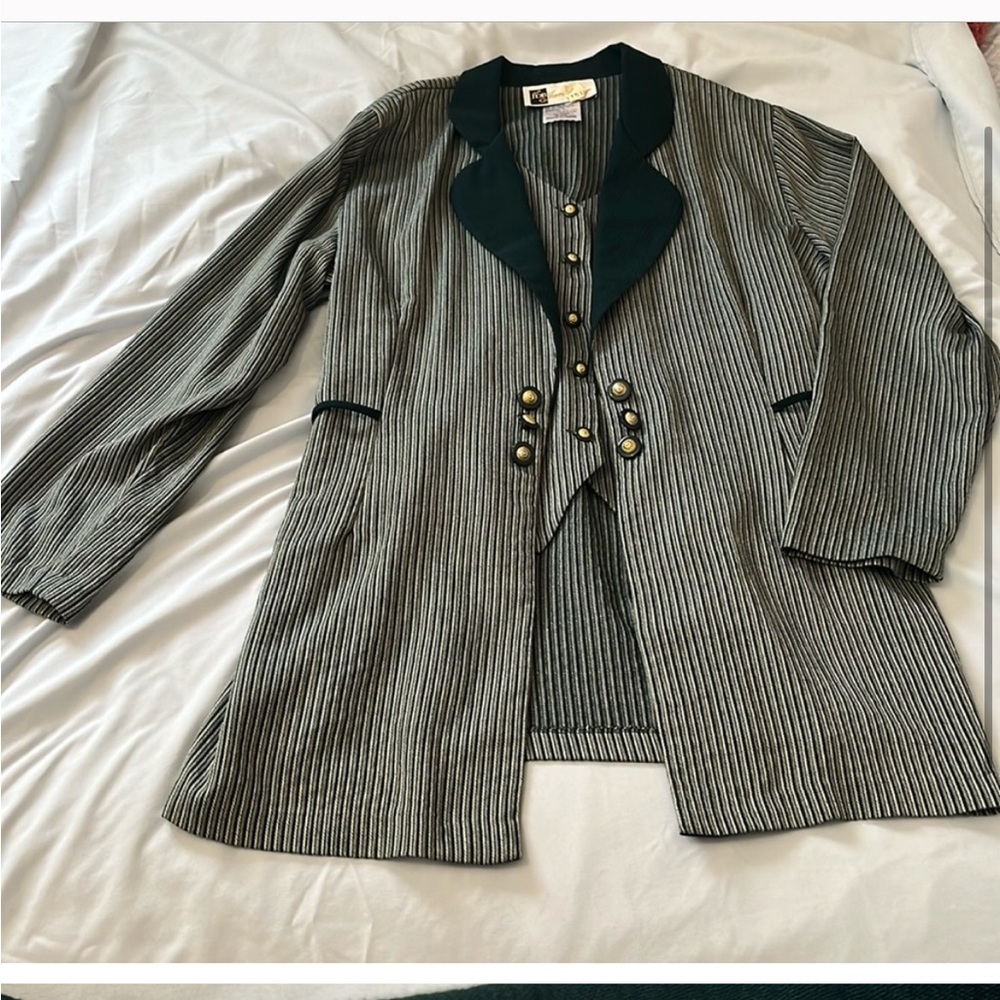 RARE-VTG JDB Green Stripe Blazer W/Built in Vest,Gold Button Detail EUC-Sz16 💛​ - Picture 14 of 14
